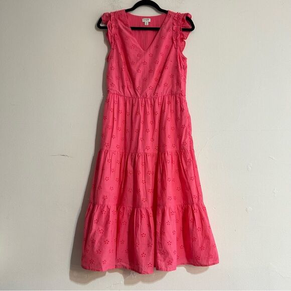 J. Crew Factory Cotton Eyelet Midi Dress Size 2 Hot Pink - Picture 2 of 11